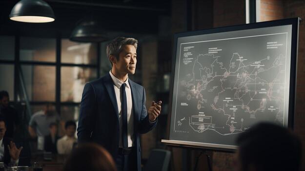 A man in a suit is giving a presentation to a group of people photo