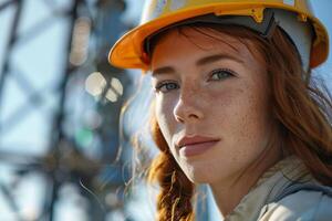 A woman in a hard hat and safety glasses photo