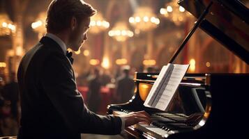 A man in a tuxedo is playing a grand piano photo