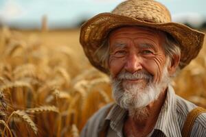 An old man in a straw hat standing in a wheat field photo