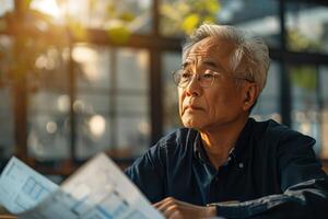 An older man is reading a newspaper photo