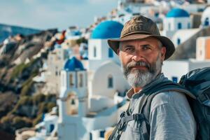 A man with a beard and hat standing in front of a blue and white building photo