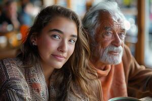A young woman and an older man sitting at a table photo