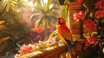 A parrot sits on a railing with flowers and plants photo