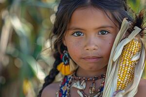 A young girl with a corn cob on her head photo