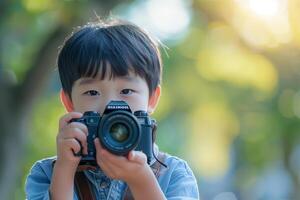 A young boy holding a camera in front of him photo