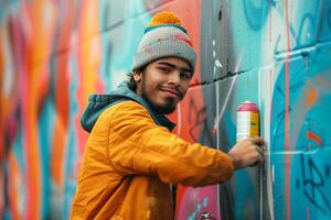 A man in a beanie is painting a wall photo
