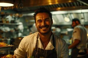 Chef smiling in kitchen with food on table photo