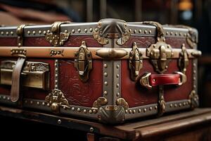 A red and brown suitcase sitting on a table photo