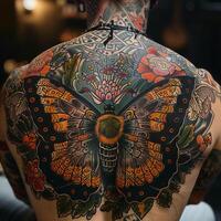 A man with tattoos on his back and butterfly tattoo photo