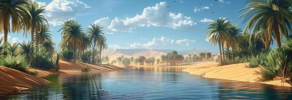 A river in the desert with palm trees photo