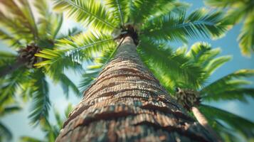 A view up at the top of a palm tree photo