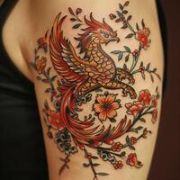 A tattoo of a bird with flowers on it photo