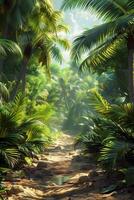 Tropical jungle path with palm trees and grass photo
