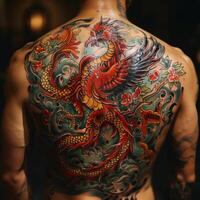 A man with a large back tattoo of a dragon photo