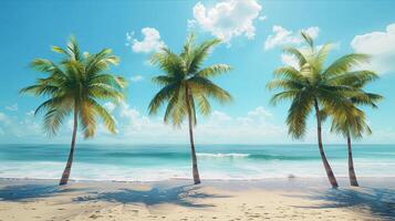 Three palm trees on a sandy beach with the ocean in the background photo