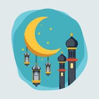 Islamic Crescent Moon and Lanterns with Mosque Minarets Illustration vector