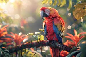 A colorful parrot sits on a branch in the jungle photo
