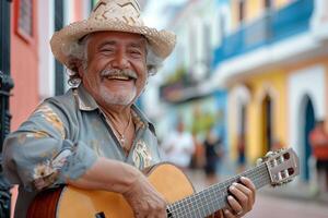 A man playing a guitar on a street photo