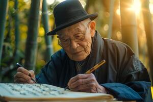 An old man in a hat writing on a piece of paper photo