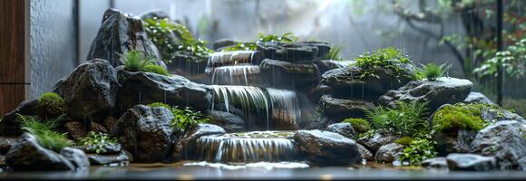 A waterfall is shown in a room with rocks and plants photo