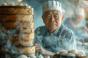 An old man in a chef hat is cooking food photo
