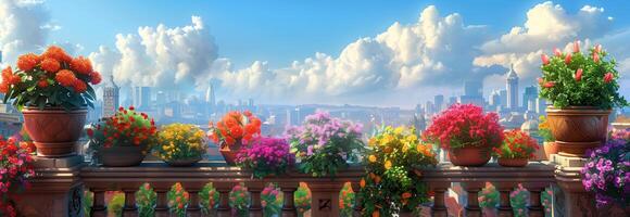 A balcony with colorful flowers and a city in the background photo