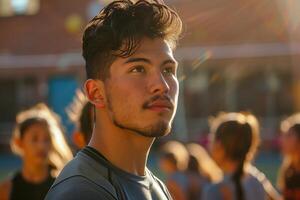 A young man standing in front of a group of people photo