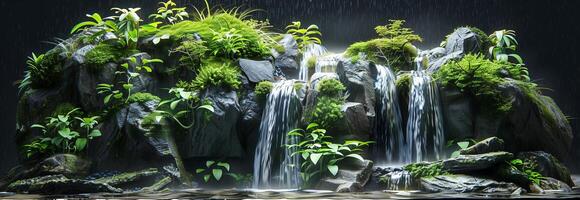 A waterfall is flowing over a rock with plants photo