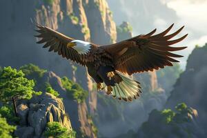 An eagle flying over a mountain with trees and rocks photo