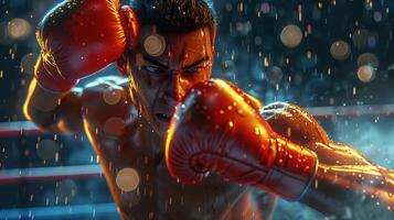 A man in boxing gloves is fighting in the rain photo