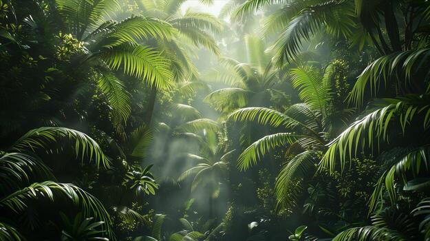 A tropical jungle with palm trees and sunlight photo