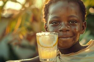 A young boy holding a glass of water with a lemon slice photo