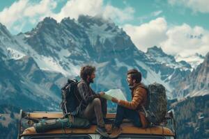 Two men sitting on top of a car with mountains in the background photo