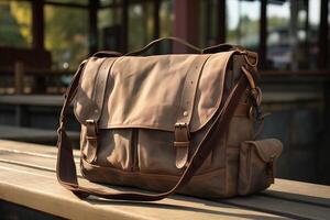 A tan leather messenger bag sitting on a bench photo