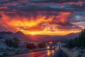 A semi truck driving down a road at sunset photo