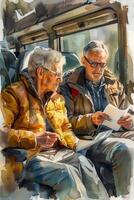 An artistic painting of two older men sitting on a bus photo