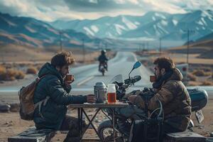 Two men sitting at a table with a motorcycle in the background photo