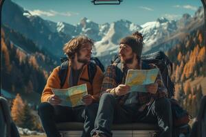 Two men sitting in the back of a car looking at a map photo
