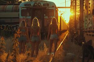 Three women walking along train tracks at sunset photo