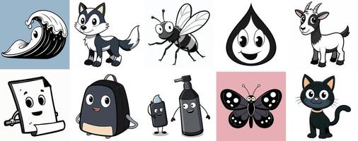 A Collection of Cute Cartoon Characters Including Animals and Objects vector