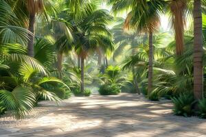 Tropical palm trees and path in the jungle photo