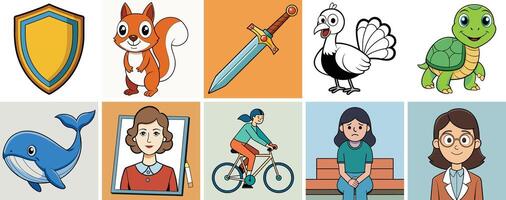 A Collection of Diverse and Colorful Cartoon Illustrations Featuring Animals People and Objects vector