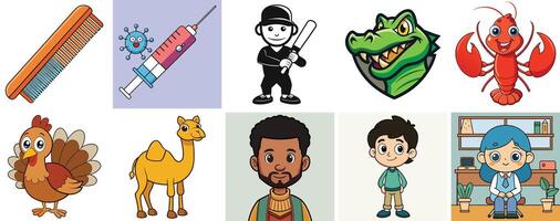A Collection of Diverse Cartoon Illustrations Featuring Animals People and Objects vector
