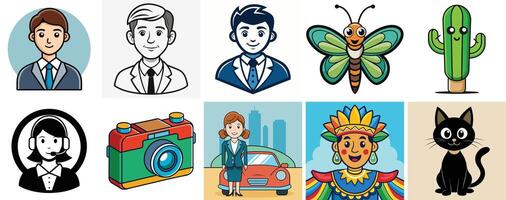 Collection of diverse cartoon characters and objects illustrations vector