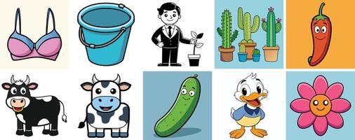 A Collection of Fun and Whimsical Cartoon Images Featuring Animals, Vegetables, and Other Objects vector