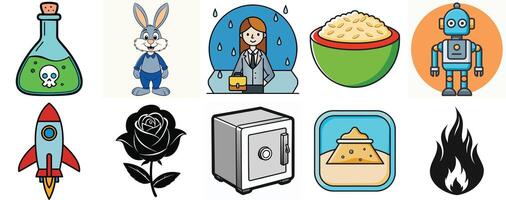 A Collection of Diverse and Colorful Cartoon Images Featuring a Robot, Rocket, Rose, and More vector