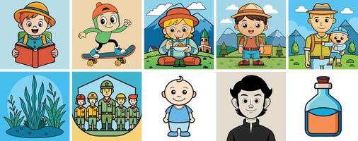 Collection of Cute Cartoon Characters Enjoying Various Activities vector