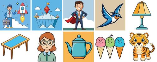 A Collection of Diverse and Colorful Illustrations Featuring Business People, Animals, Objects, and Abstract Concepts vector
