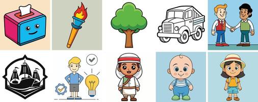 A Collection of Cute Cartoon Illustrations Featuring Diverse Characters and Objects vector